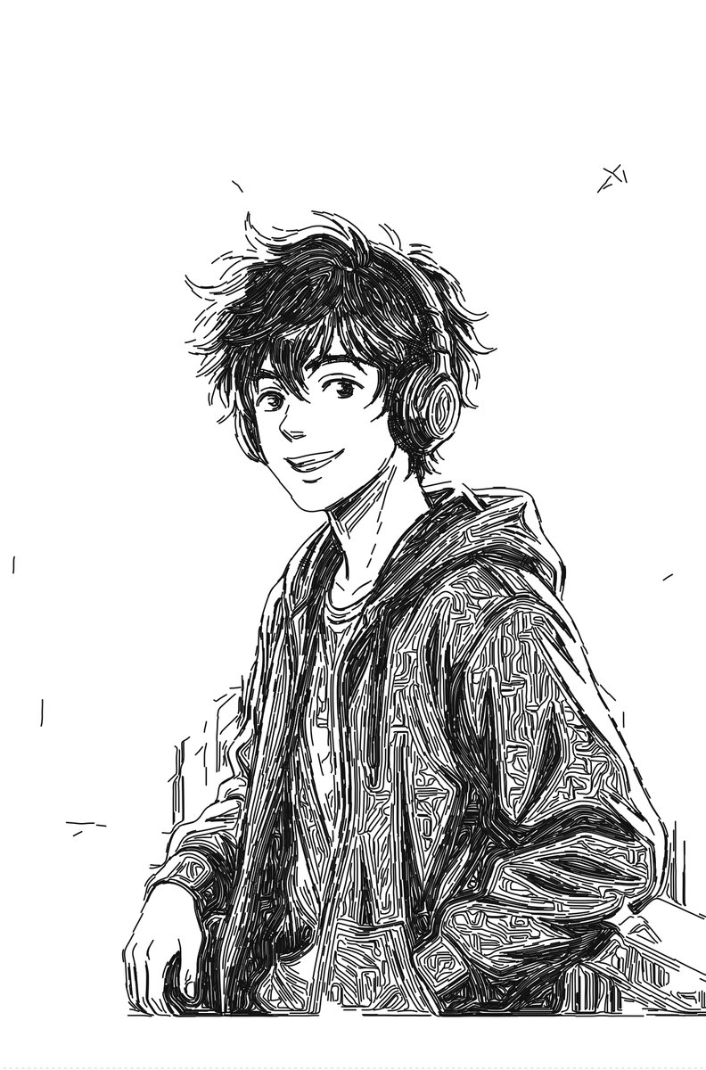 Ink drawing of a boy with headphones